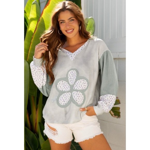 NEW! Sage Green Floral Patched Waffle Textured  Colorblock V Neck Hoodie - Picture 1 of 6